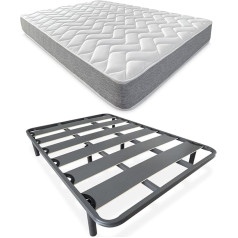 Duérmete Online DUÉRMETE ONLINE Full Bed with Viscotec Reversible Mattress (Face for Winter/Summer) + Reinforced Slatted Base 40 x 30 mm with 6 Metal Feet - Alloy Steel, Grey, 135 x 190 cm