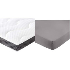 Amazon Basics - Gel Foam Topper 7 cm - 180 x 200 cm & Fitted Sheet, Microfibre, Dark Grey, 180 x 200 x 30 cm