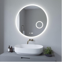 Aquabatos ® Vannas istabas spogulis ar apgaismojumu, apaļš, 80 cm, LED kosmētikas spogulis, pulkstenis, kosmētikas spogulis, sienas spogulis, vannas istabas spogulis, spogulis ar apgaismojumu, aptumšojams siena slēdzis, vēss balts, 6400 K