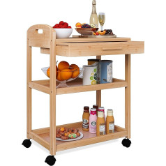 Smibuy Kitchen Island Cart on Wheels with Storage Drawer & Shelves, Bamboo 3-Tier Rolling Utility Serving Rack with Solid Wood Worktop & Lockable Casters (Natural)