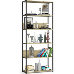 Akord Bookcase with 6 Shelves, 80 cm Wide, Industrial/Loft Style, Open, Skeleton Construction, Standing Shelf, Wood/Metal, for Kitchen, Bedroom, Office, Shelf with Metal Frame, Black/Artisach Oak