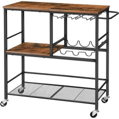 Hoobro EBF21TC01G1 Serving Trolley with Wheels, 3-Tier Kitchen Trolley with Worktop, Lockable Bar Trolley with Wine Rack for Dining Room, Living Room, Party, Bar, Vintage Brown and Black