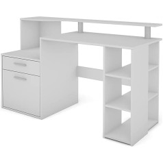 Byliving Louis Desk with Melamine Surface in White, Attachment, and Side Compartments for Lots of Storage Space, 1 Door and Drawer, Wood Composite Chipboard, W 140, H 89, D 55 cm