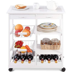 Giantex Kitchen Trolley on Wheels, Kitchen Cabinet with Worktop, Trolley with Drawers, Kitchen Island Vegetable Trolley, Narrow Wood, Serving Trolley, Side Trolley, Utility Trolley with Baskets & Wine