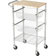 Amazon Basics 3 Shelf Metal Basket Wooden Top Serving Trolley Silver