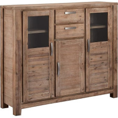 Ibbe Design Alaska Highboard Vitine brūns lakots akācijas masīvkoka vitrīna ar stikla durvīm un 2 atvilktnēm L 160 x W 45 x H 140 cm