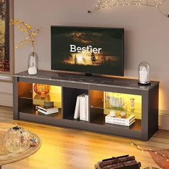 Bestier TV spintelė, TV staliukas, 140 cm, modernus TV staliukas su stikline lentyna, RGB LED, apšviestas 65 colių televizoriams, TV spintelė su aplinkos apšvietimu, skirta svetainei, miegamajam, pramogų įrenginiui, juoda