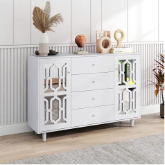 Azkoeesy Chest of Drawers, Sideboard, Mirrored Sideboard with Cool Crystal Handles, with 4 Drawers, 147 x 40 x 102 cm, for Living and Dining Room, White