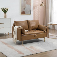 [En.casa] Sysmä 2-Seater Upholstered Sofa Faux Leather Hinged with Box Couch with Cushion Folding Sofa with Armrest Foam Light Brown