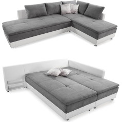 Luma-Home Schönes Für Dein Zuhause Spring Core Corner Sofa 307 x 223 cm, Double Bed Sleep Function, Cold Foam Topper, Bed Box, L Sofa, Pivoting Ottoman Left, Cover Light Grey (Microfibre) - Body White (Faux Leather) / 15103