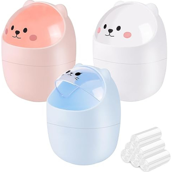 Shaidojio Cute Desk Trash Can with 180 Trash Bags, Creative Mini Desk Trash Can with Flip Lid, Plastic, Kawaii Small Desk Trash Can for Bathroom, Bedroom