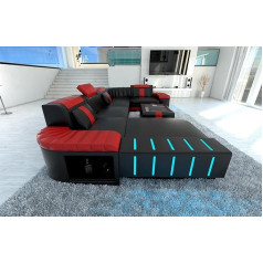 Sofa Dreams Bellagio U-Shape Living Landscape Leather Couch with LED Leather Sofa with Ottoman (Ottoman Left, Black/Red)