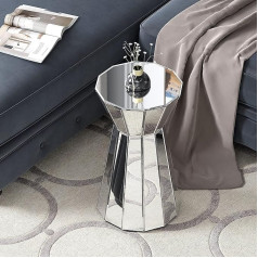 Blingworld Mirrored Side Table, Small Modern Side Table, Silver Accent Table with Round Table Top, Unique Drum Side Table for Living Room, Bedroom