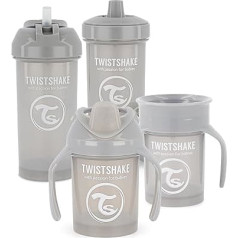 Twistshake krūzīšu komplekts zīdaiņiem - 4 gabali | 1 x 360 krūzīte - 1 x mini krūzīte - 1 x salmiņa krūzīte - 1 x bērnu krūzīte | Ūdens pudeles zīdaiņiem | BPA necaurlaidīga krūzīte | 4+ mēneši | Gaiši pelēks