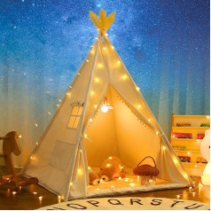 LIONHERZ® Teepee telts bērniem no 100% kokvilnas ar mīksto paklājiņu, somiņu un spalvu rotājumu [Stabils] Tippi bērnu telts Teepee spēļu telts (krēmīgi balta)