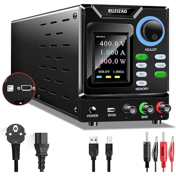 RUZIZAO Programmējams laboratorijas barošanas avots 400 V 1 A, līdzstrāvas regulējams barošanas avots, 4 ciparu krāsu LED displejs, laboratorijas barošanas avots ar datora programmatūru, atmiņas taustiņu un izejas slēdzi