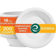 ECO SOUL Pearl White 16 Oz [200-Pack] Bagasse papīra bļodas (bez PFAS) | Bioloģiski noārdāmie, 100% kompostējamie | Mikroviļņu krāsnī | Silti un auksti droši | Mazas porcijas | Videi draudzīgi vienreizlietojamie lielie trauki