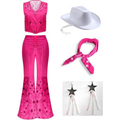 Yanny 2023 Filma Cowgirl kostīms Outsuit 70s 80s Hippie Disco kostīms Parūka Sieviešu rozā flared bikses Halloween Cosplay