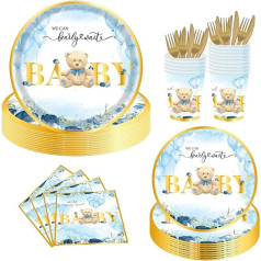 144 gab Lācis Lācis Baby Shower galda piederumu komplekts Zēns Meitene Baby Shower piederumi Mēs varam Bearly Wait Baby Shower Dekorācijas Lācis Tēma Puses piederumi Lācis Baby Shower Plāksnes un salvetes Kausi Dakšas Dakšas Nazis