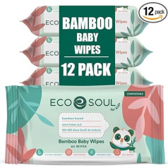 ECO SOUL 100% bambusa augstākās kvalitātes bērnu salvetes, 12 iepakojumi ar 64, 768 gabali, 99% attīrīta ūdens, hipoalerģiskas, videi draudzīgas, bioloģiski noārdāmas bērnu salvetes, ilgtspējīgas, organiskas.