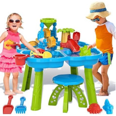 deAO Smilšu un ūdens galds maziem bērniem, smilšu rotaļlieta 28 gab. piederumu komplekts, tējkanna, spainītis, smilšu veidne, grābeklis, lāpstiņa zēniem meitenēm 3 4 5 6 gadus veciem bērniem