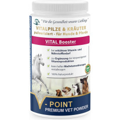 V-POINT Vital Booster - Vitālās sēnes un augu pulveris organisma vitamīnu ražošanas papildināšanai - augstākās kvalitātes augu pulveris suņiem un zirgiem - papildbarība (500 g)