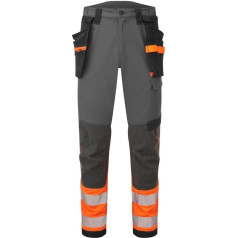 Portwest EV442 Herren-Arbeitshose mit hoher Sichtbarkeit, schmale Passform, Stretch-Stoff, Arbeitskleidung, Utility-Sicherheitshose mit Abnehmbarer Holstertasche und Kniepolstertaschen, Grau/Orange,