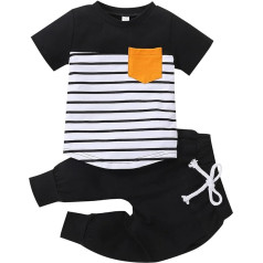 Generisch toddler bērnu jaundzimušo bērnu zēni īsām piedurknēm svītrām Patchwork topi cietas bikses apģērbu komplekts 2 gabali 6 mēneši bērnu apģērbu zēns (melns, 6-12 mēneši)