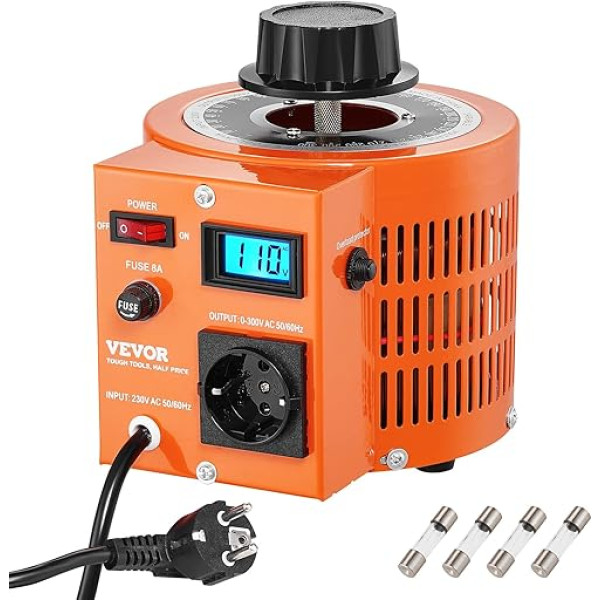 VEVOR 2000VA Stelltransformator mit variabler Spannung, 6,6 Ampere, 230 V Eingang, 0-300 V Ausgang, Wechselspannungsregler, mit LCD-Display, 4 zusätzlichen Sicherungen, für Zuhause, Industrie, Büro