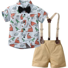 GUSUTZX Kleinkind Jungen Kurzarm Cartoon Dinosaurier Shirt Tops Shorts mit Krawatte Kind Kinder Gentleman Outfits Baby Jungen Kleidung Set Sommer Outfit