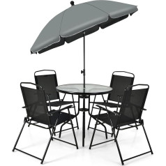 COSTWAY Gartenmöbel-Set, 6-teilig, 4 Klappstühle, 1 Couchtisch aus Glas mit Sonnenschirm, für Terrasse, Rasen, Terrasse, Pool, Hof, aus Stahl & Stoff, Schwarz