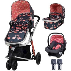 Cosatto Giggle 3-in-1 kombinētais bērnu ratiņi, no dzimšanas līdz 18 kg, ar bērnu ratiņiem, sporta sēdeklīti, bērnu sēdeklīti un lietus pārvalku, kompakts, salokāms (Pretty Flamingo)