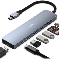 BENFEI USB C HUB 7-in-1, USB-C HUB multiport adapteris ar USB Type-C uz HDMI, USB-C uz SD TF karšu lasītājs/3 x USB 3.0/60W Power Delivery, ar iPhone 15 Pro/Max MacBook Pro/Air 2023 iPad Pro iMac S23