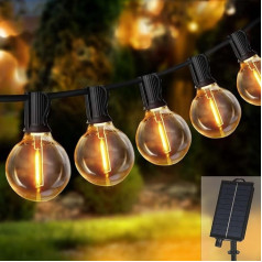 FASHION LTG Solar Fairy Lights Outdoor 15 m / 49 ft āra pasaku gaismas 2700 K Warm White 25+1 G40 LED spuldzes, IP45 ūdensizturīgas saules pasaku gaismas dārzam, pagalmam, kāzām, kāzām, ballītei