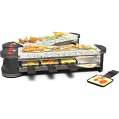 SUNTEC Raclette kepsninė RAC-7079 Flex8 Stone/Stone - mini stalo kepsninė 8 žmonėms - 8 keptuvės + 8 mentelės kaip priedų rinkinys - dvipusis granito akmens paviršius - su pasukamuoju paviršiumi - 1400 W