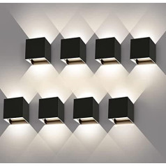 Kingwei Pack of 8 LED sienas lampas iekštelpās un ārpus telpām 12 W uz augšu uz leju Regulējams gaismas leņķis Āra apgaismojums IP65 Dabiski balta 4000 K Āra sienas lampas Āra sienas lampas Cube sienas apgaismojums Melns