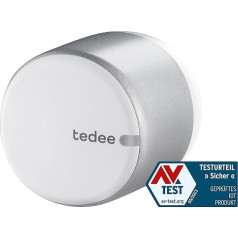 Tedee Lock GO, viedā durvju slēdzene, viegli uzstādāma, bez cilindra nomaiņas, vadība, izmantojot Bluetooth un attālināti, izmantojot lietotni, iPhone & Android, viedā māja, sudraba krāsā, diametrs 58 mm x 65 mm