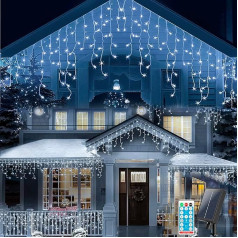 SUAVER Saules pasaku gaismas 300 LED gaismas aizkars Āra 32,8 ft Icicle pasaku gaismas ar tālvadības pulti 8 režīmi Ūdensizturīgs 60 virzieni Hanging Decoration Patio Light Ziemassvētku apgaismojums (balts)