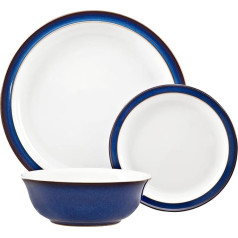 Denby - Imperial Blue Dinner Service for 4-12 Piece Ceramic Crockery Set Blue, White - Trauku mazgājamā mašīnā, mikroviļņu krāsnī, drošs trauku komplekts - 4x pusdienu šķīvji, 4x mazie šķīvji, 4x labības trauciņi