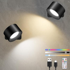 Diealles Shine LED iekštelpu sienas lampas, 2 gab., USB-C sienas lampas bez strāvas pieslēguma, bez urbšanas, 360° rotējoša magnētiskā lode, skārienvadība un tālvadības pults, 19 RGB krāsas