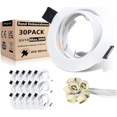 Allesgute 30 LED iegremdējamo prožektoru komplekts GU10 montāžas rāmis Roud Matt White Grozāmie iegremdējamie gaismekļi 230 V LED prožektori 68 mm caurumu diametrs, ieskaitot GU10 ligzdu LED vai halogēna lampām