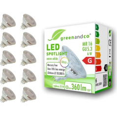 greenandco 10x CRI 97+ MR16 GU5.3 LED prožektors, 6 W, 360 lm, 110°, 2700 K, silti balts, 12 V AC/DC, bez apgaismojuma, 2 gadu garantija