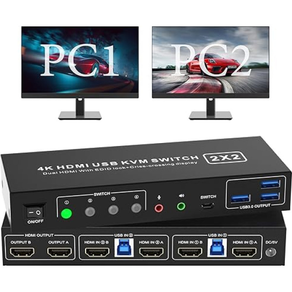 HDMI KVM slēdzis 2 datoru 2 monitoriem 4K@60Hz, USB 3.0 KVM Umschalter Dual Monitore Mit EDID-Funktion, mit Audio Ausgang und 3 USB 3.0-Anschlüsse, Desktop-Steuerung Inklusive 2 USB3.0 Kabel