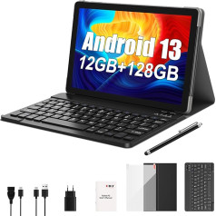 XGODY Tablet 10 Zoll Android 13 Tablet mit Tastatur 2,4G/5G WLAN 4-Core 2,0 GHz | 12 GB RAM + 128 GB ROM (TF 1 TB) | FHD | 5+13 MP kamera | 7000 mAh | Bluetooth 5.0, planšetdators - Grau