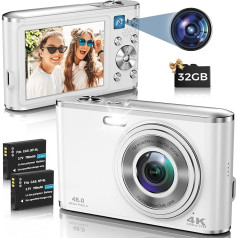 Digitālā kamera, automātiskā fokusēšana 4K kamera Digitālā kamera ar dubulto kameru un 32 GB atmiņas karti HD 48 MP 16X digitālā tālummaiņa 2,8 collu liels ekrāns Kompaktā fotokamera Foto kamera iesācējiem (balta)