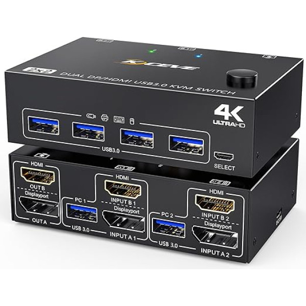 USB 3.0 HDMI + Displayport KVM переключатель 2 ПК 2 монитора 4K @ 60 Гц 2K @ 120 Гц, MLEEDA 2 ПК 2 монитора переключатель с 4 USB 3.0 портов для клавиатуры мыши, кабель пул