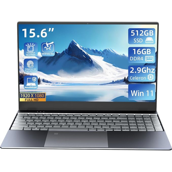 Morostron Laptop 15,6 collu Win11 portatīvais dators 16GB RAM 512GB SSD, Celeron N5095, FHD IPS displejs 1920X1080, WiFi, USB 3.0, pirkstu nospiedumu atpazīšana, metāla korpuss - pelēks