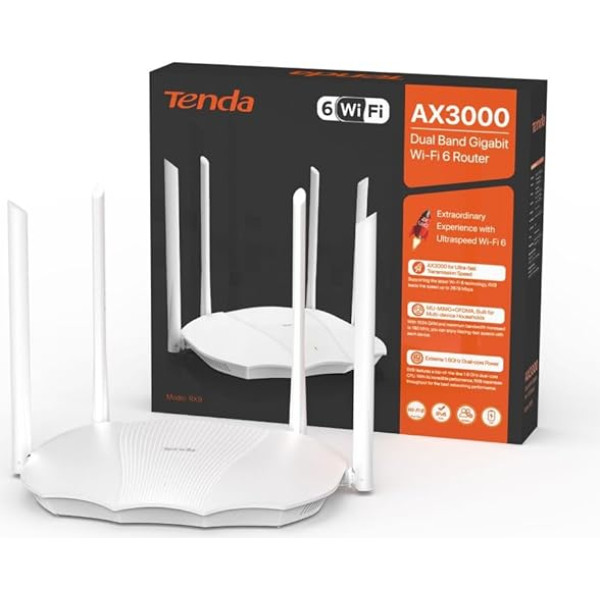 Tenda RX9 Wi-Fi 6 WLAN maršrutētājs (AX3000 Dual-Band 5GHz: 2402Mbps + 2.4GHz: 574Mbps), Gigabit LAN/WAN ports, 4x6dBi High-Gain antenas, MU-MIMO+OFDMA, WPS, AP režīms, App Control, IPv6, melns