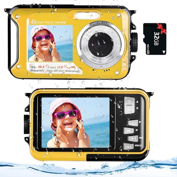 Digitalkamera mit Autofokus 4K 48MP Kamera Fotokamera 16x Digitalzoom Doppelbildschirm Unterwasserkamera mit 32GB Karte