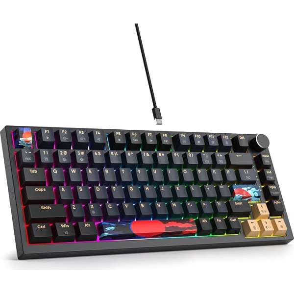 SOLIDEE vadu mehāniskā spēļu tastatūra 75%, karsti nomaināma mehāniskās tastatūras blīve, RGB apgaismojums, QWERTY 82 taustiņu spēļu tastatūra, NKRO tastatūra ar rotācijas pogu (82 Blue Samurai)